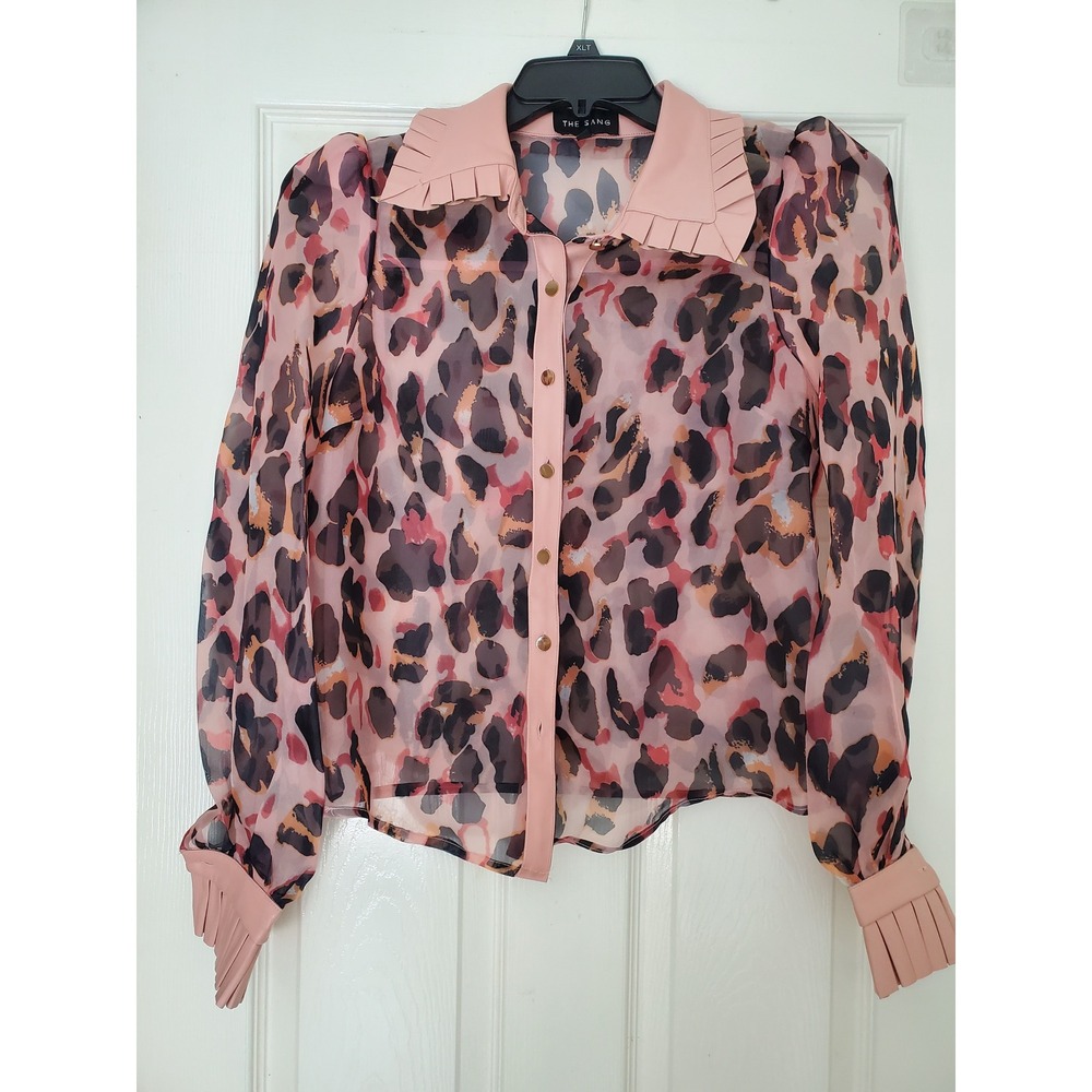 Organza Sheer Blouse Pink Leopard Print Faux Leather Ruffle Long Sleeve Top S